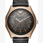 EMPORIO ARMANI AR60004 skeleton stainless steel rose gold-plated automatic leather strap watch