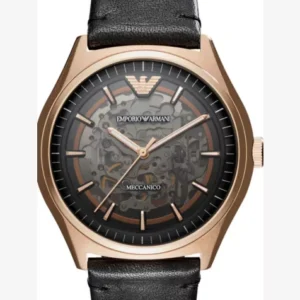 EMPORIO ARMANI AR60004 skeleton stainless steel rose gold-plated automatic leather strap watch