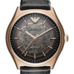 EMPORIO ARMANI AR60004 skeleton stainless steel rose gold-plated automatic leather strap watch