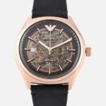 EMPORIO ARMANI AR60004 skeleton stainless steel rose gold-plated automatic leather strap watch