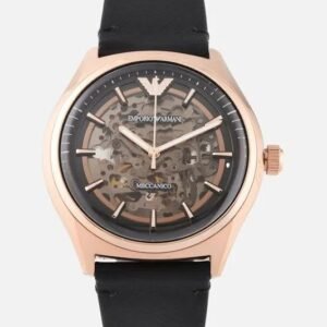 EMPORIO ARMANI AR60004 skeleton stainless steel rose gold-plated automatic leather strap watch